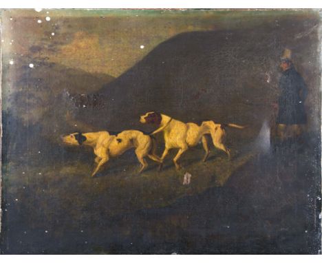 Unframed, unsigned, oil on canvas, 19th Century English School, hunting scene with two gun dogs, probably pointers, in woodla