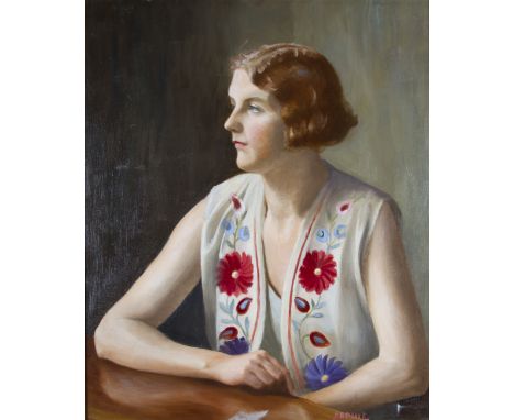 CAPTAIN J. B. PEART (fl. 1937 - 1938) Framed, signed, oil on canvas, half length portrait of a young woman with short brown h