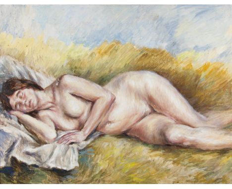FRANCIS RUDOLPH (1921 - 2005) Framed, signed, dated '73, oil on canvas, three quarter length portrait of a female nude, recli