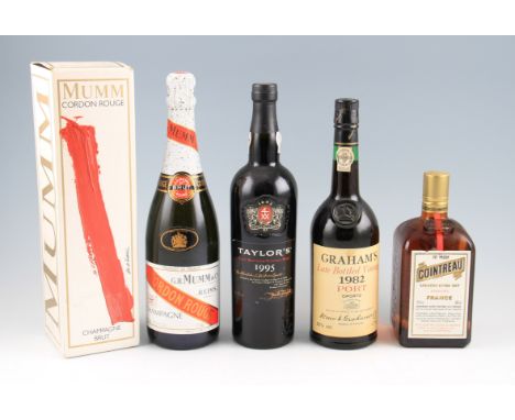 4 bottles. An old bottling, circa 1960's of Mumm Cordon Rouge NV Champagne, Cointreau circa 1950/60's 24 fl ozs, Grahams 1982