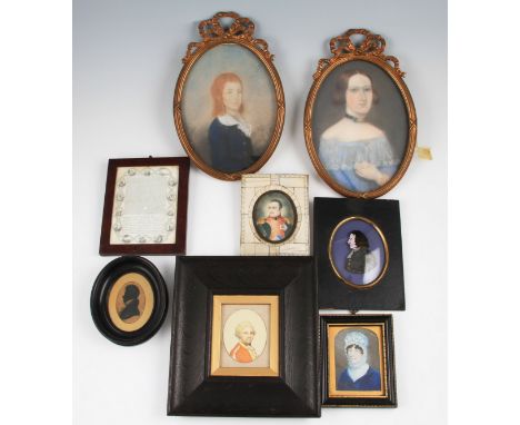 A quantity of eight framed, portrait miniatures, to include a framed, indistinctly signed, oval bodycolour on card, bust leng