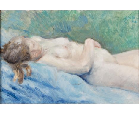 FRANCIS RUDOLPH (1921 - 2005) Framed, signed, dated 2002, oil on panel, portrait of a reclining female nude, 37cm x 55.3cm.