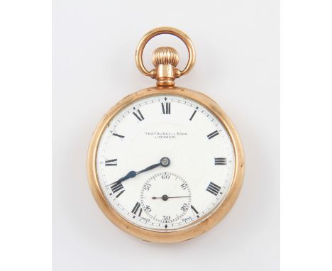 A 9ct yellow gold Thomas Russell &amp; Son crown wind pocket watch, the white enamel dial having hourly Roman numeral markers