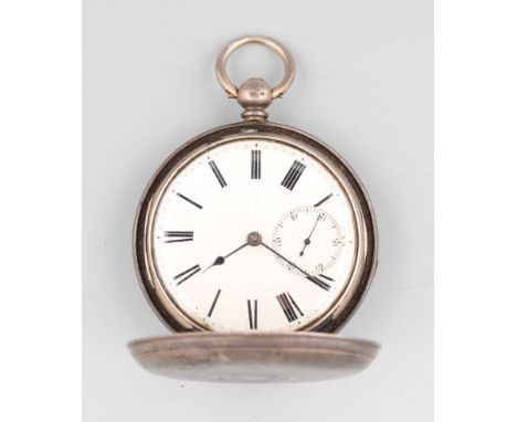 A silver key wind full hunter pocket watch with fusee movement, the white enamel dial having hourly Roman numeral markers wit