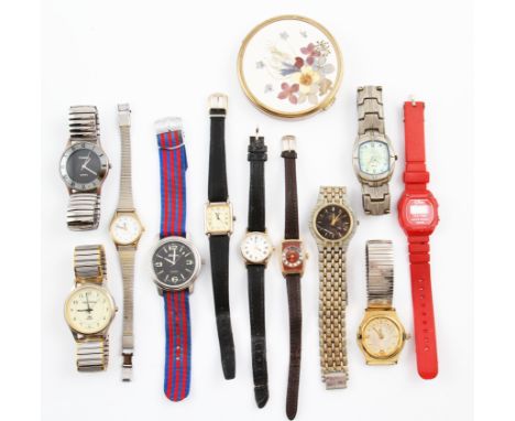 A collection of various wrist watches to include the names Sekonda, Pulsar, Citizen, etc. along with a pressed flower compact