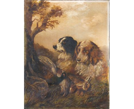 Unframed, unsigned, 19th Century English School, oil on canvas, hunting scene showing two gun dogs in woodland landscape guar
