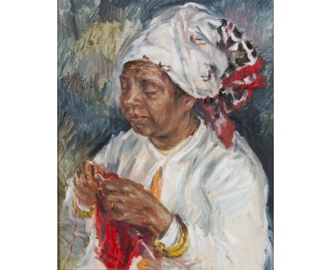 FRANCIS RUDOLPH (1921 - 2005) Framed, signed, dated '76, oil on board, half length portrait of a woman knitting, 62cm x 50cm.