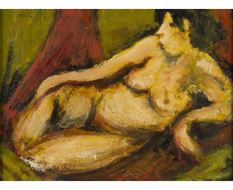 Framed, bears name 'Mark Gertler', oil on board, 20th Century portrait of a female nude reclined on green and red drapery, 32
