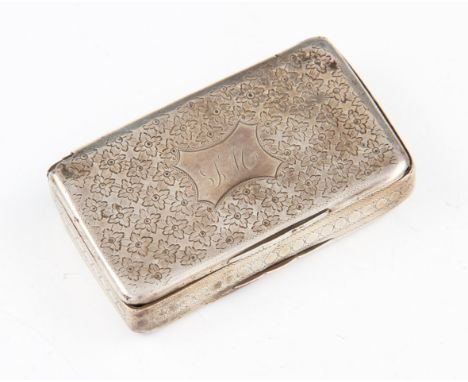 A George III silver snuff box, lid and base engraved with repeat floral design, lid having octagonal concave edge cartouche e