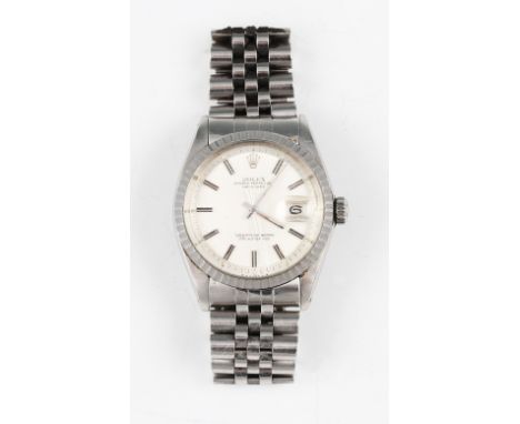 A gents Rolex Oyster Perpetual Datejust stainless steel wrist watch c.1971, the silver tone dial having hourly baton markers 