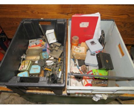 TWO BOXES CONTAINING VARIOUS DRILL BITS, ENGINEERS TOOLS, MACHINE VICES, MODEL MAKING PARTS ETC