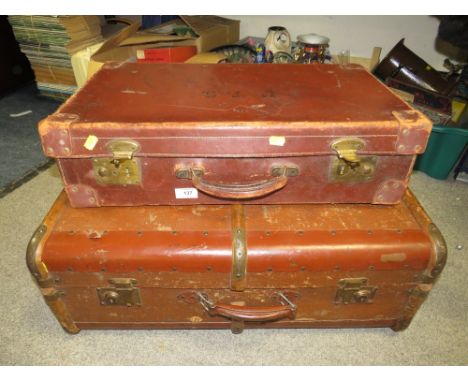 A VINTAGE BANDED PACKING TRUNK, TOGETHER WITH VINTAGE SUITCASE (2) 
