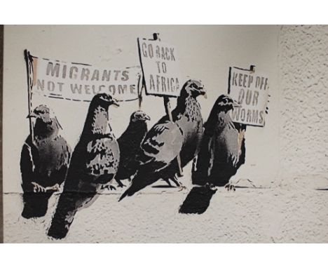 A MODERN METAL FRAMED MIRROR TOGETHER WITH A BANKSY PRINT ON CANVAS PLUS ANOTHER (3)