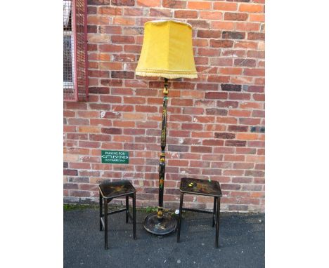 AN ORIENTAL CHINOISERIE STANDARD LAMP AND SHADE WITH TWO OCCASIONAL TABLES (3)