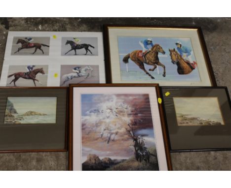 THREE HORSE RACING GLAZED PRINTS TO INCLUDE A LESTER PIGGOTT EXAMPLE - SIGNED TO MOUNT TOGETHER WITH TWO  ANTIQUE FRAMED AND 