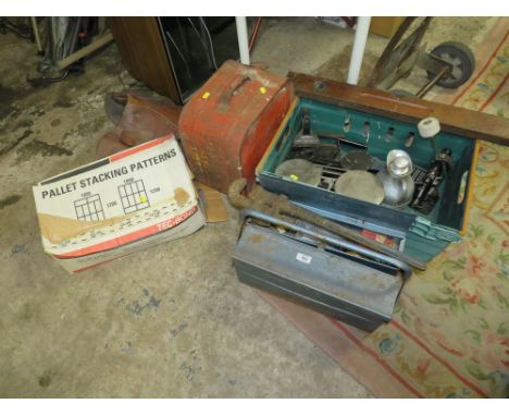 A QUANTITY OF VARIOUS TOOLS TO INCLUDE HEAT GUN, VARIOUS SCALES, TOOL BOX, PETROL CAN AND SADDLE