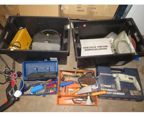 TWO BOXES CONTAINING VARIOUS POWER TOOLS, SOLDERING IRONS AND HARDWARE
