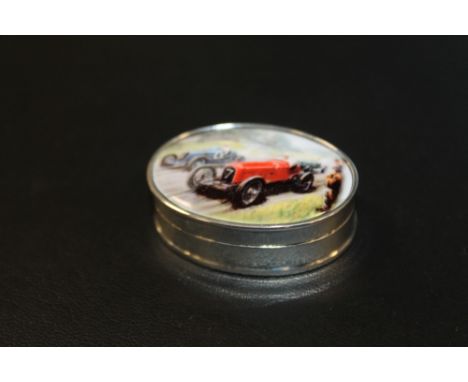 A WHITE METAL ENAMEL TOP CAR PILL BOX STAMPED STERLING
