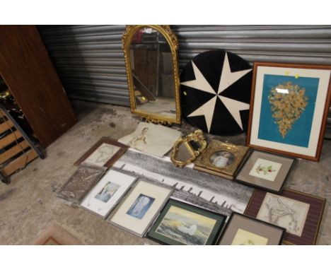 A QUANTITY OF ASSORTED PICTURES PRINTS AND MIRRORS TO INCLUDE WATERCOLOURS, ARCHED GILT FRAMED MIRROR, ST JOHNS AMBULANCE SIG