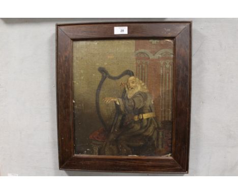 AN ANTIQUE FRAMED UNSIGNED OIL ON CANVAS DEPICTING A BEARDED MAN PLAYING A HARP
