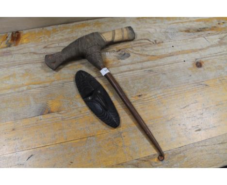 A PAPUA NEW GUINEA MT HAGAN TRIBAL ART WAR AXE HANDLE &amp; A SMALL SEPIK RIVER MASK WITH SHELL EYES