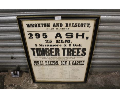 A FRAMED ANTIQUE ADVERTISING POSTER FOR A SALE OF TIMER DATED 1875