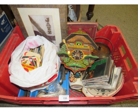 A TRAY OF ASSORTED SUNDRIES TO INCLUDE MASONS CHRISTMAS PLATES, SILVER PLATED FLATWARE ETC. 