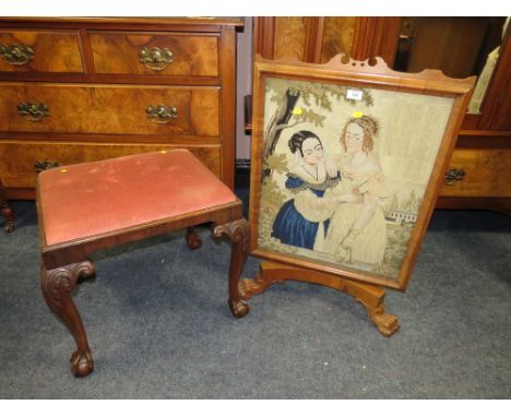 A VICTORIAN FADED ROSEWOOD TAPESTRY FIRESCREEN H-82 CM A/F AND A WALNUT STOOL (2)
