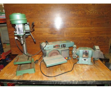 A NUTOOL MULTIPLE SANDER TOGETHER WITH A NUTOOL NTG6 BENCH GRINDER AND A NUTOOL 5 SPEED PILLAR DRILL