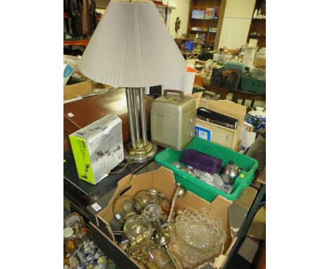 TWO BOXES OF ASSORTED METALWARE TO INCLUDE A MODERN TABLE LAMP, DOOR LOCKS ETC. 