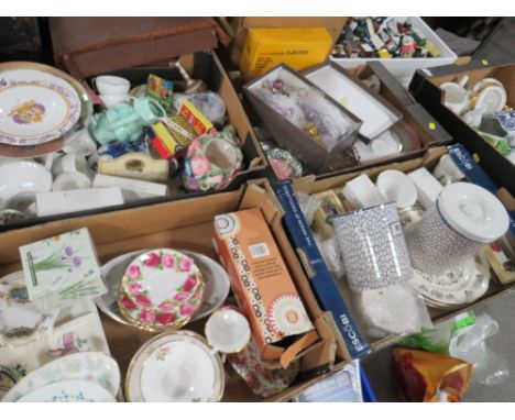 FIVE TRAYS OF ASSORTED CERAMICS AND GLASSWARE TO INCLUDE SHELLEY, CAITHNESS, COLOURED GLASS SCENT BOTTLES ETC. 