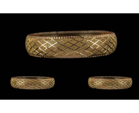 Omid Bahadon Signed Ladies 18ct Gold - Attractive Solid Bangle, Marked 750 - 18ct to Interior of Bangle, Diamond Cut Design w