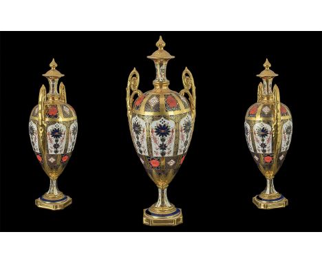 Royal Crown Derby Superb Large & Impressive Solid 22ct Gold Banded Old Imari Pattern Twin Handled Lidded Urn Shaped Vase, pat