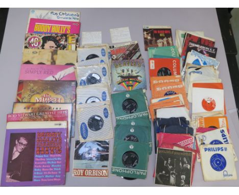 LP vinyl records including The Beatles, Buddy Holly, Roy Orbison etc, plus 7 inch singles including The Rolling Stones, Roy O