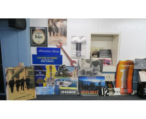 Closed record shop promotional standees and other promotional items including framed Beatles Anthology 2, framed Beatles Appl