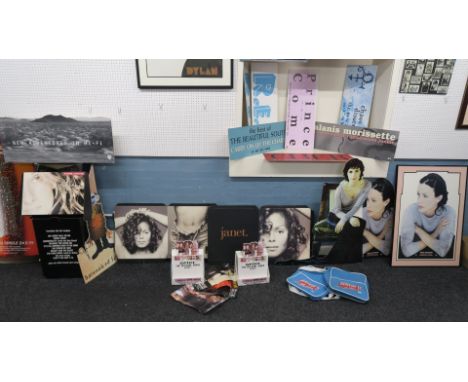 Closed record shop promotional standees to advertise record CD and video releases including framed Alanis Morissette Supposed