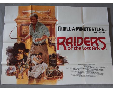 Action genre British quad film posters including Raiders of the lost Ark, Q the Winged Serpent, The New Barbarians, Terror / 