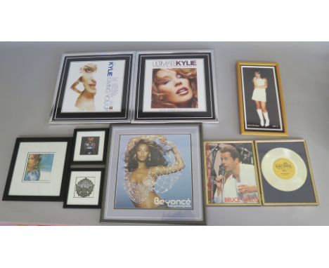 Closed record shop framed pictures including Ultimate Kylie CD DVD advert, Giving you up advertising new single 12 inch pictu