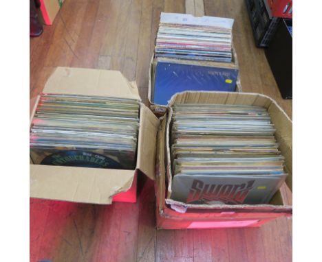 Three boxes of LP vinyl records from Ex record shop pre-loved stock including Kid Creole and the Coconuts, Linx, Landscape, L