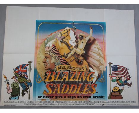 Comedy British quad film posters including "Blazing Saddles" directed by Mel Brooks and printed by W. E. Berry of Bradford, "