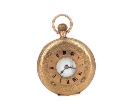 NINE CARAT GOLD HALF HUNTER POCKET WATCH,the round white enamel dial with Roman hour markers, outer railroad seconds track in