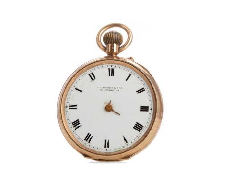 NINE CARAT GOLD FOB WATCH,the white enamel dial with Roman hour markers, outer railroad seconds track in black, inscribed J.C