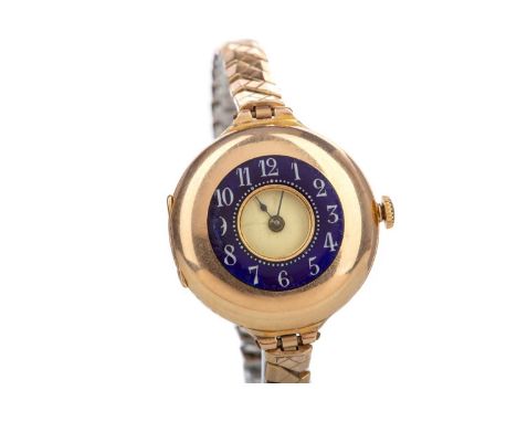 LADY'S FOURTEEN CARAT GOLD HALF HUNTER WRIST WATCH,the round white enamel dial with Roman hour markers, outer railroad second