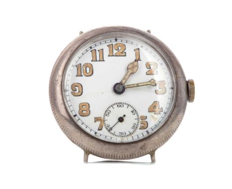SILVER ROLEX CASED TRENCH WATCH,the round white enamel dial with Arabic hour markers, outer railroad seconds track in black, 