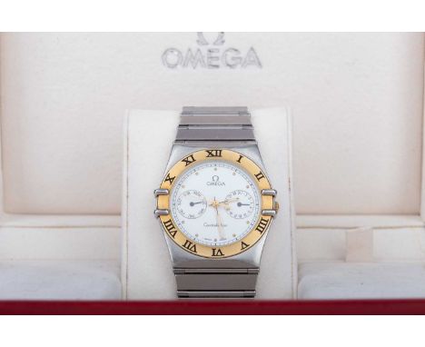 GENTLEMAN'S OMEGA CONSTELLATION STAINLESS STEEL AND GOLD QUARTZ WRIST WATCH,the round white dial with dot hour markers, outer