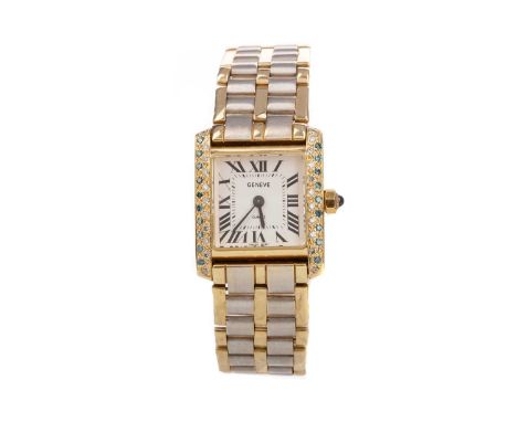 LADY'S GENEVE DIAMOND SET FOURTEEN CARAT GOLD QUARTZ WRIST WATCH,the square white dial with Roman hour markers, inner seconds