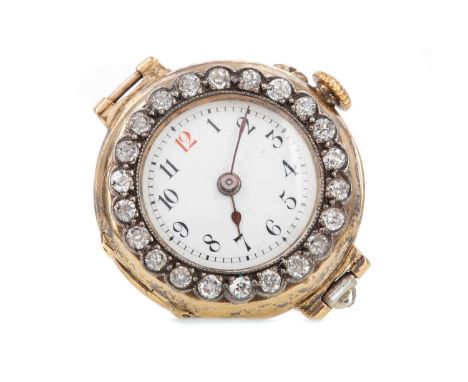 LADY'S DIAMOND SET WRIST WATCH,the round white enamel dial with Arabic hour markers, outer railroad second track in black, 25