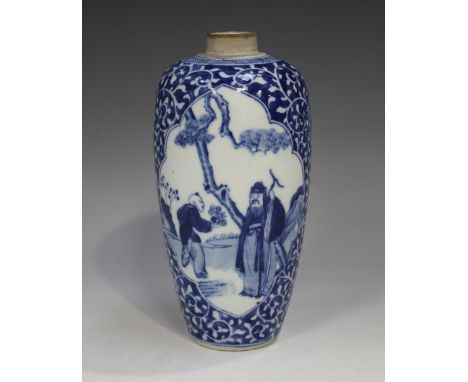 A Chinese blue and white porcelain vase, Kangxi style but later Qing dynasty, of elongated ovoid form, painted with opposing 