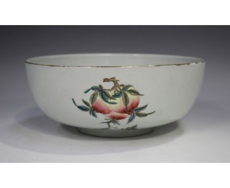 A Chinese famille rose enamelled porcelain circular bowl, probably early 20th century, the exterior painted with three fruit 