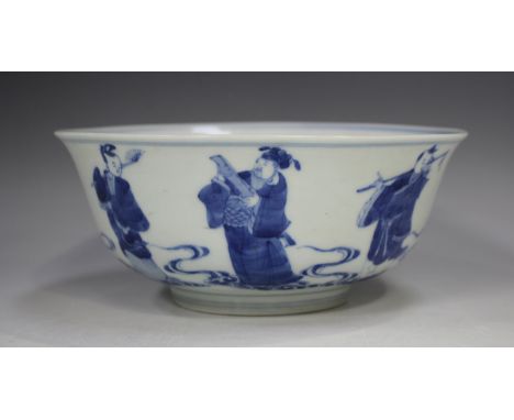 A Chinese blue and white porcelain bowl, mark of Qianlong but later, of circular form with flared rim, the exterior painted w